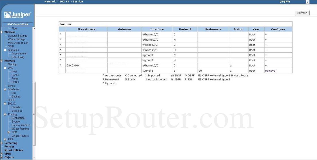 Juniper SSG5 Screenshot Routing Destination