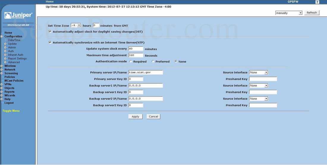 Juniper SSG5 Screenshot Date and Time