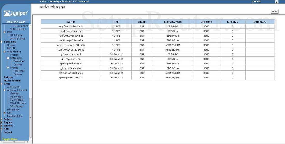 Juniper SSG5 Screenshot VPNs AutoKey Advanced P2 Proposal