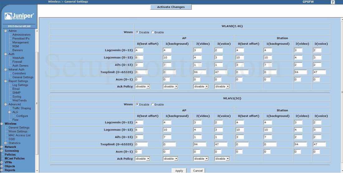 Juniper SSG5 Screenshot Wireless WMM Settings