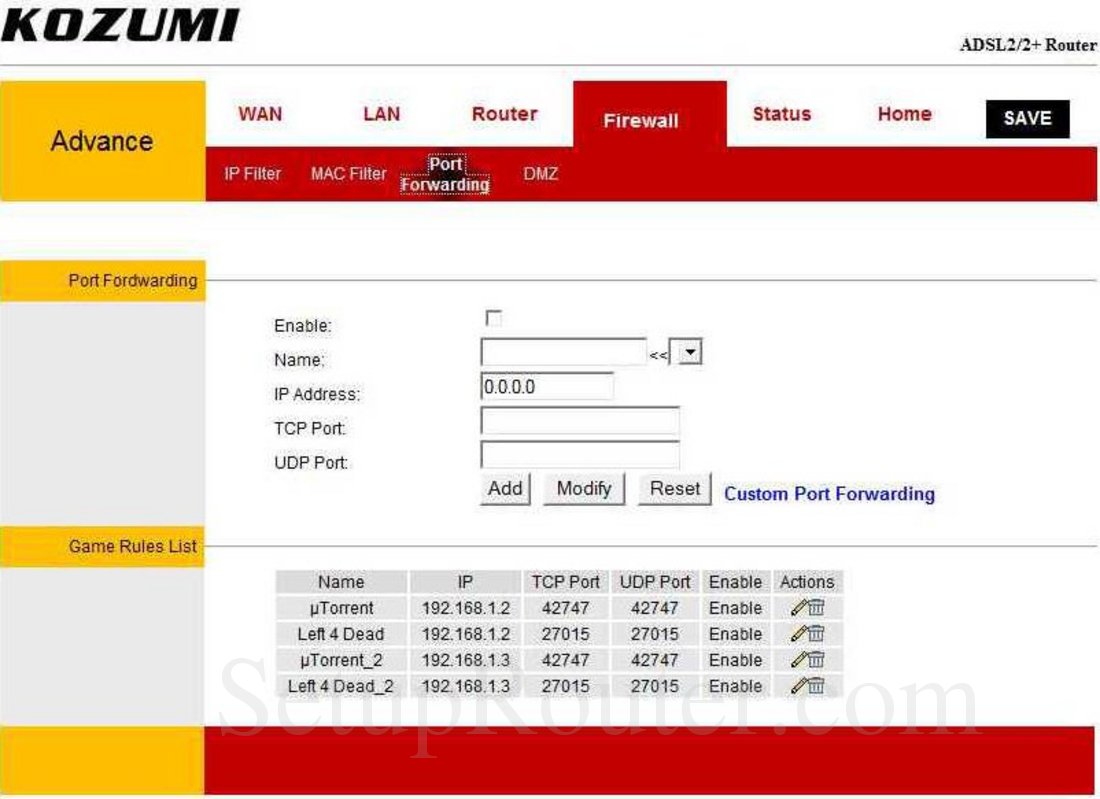Kozumi KM400P Screenshot Port Forwarding