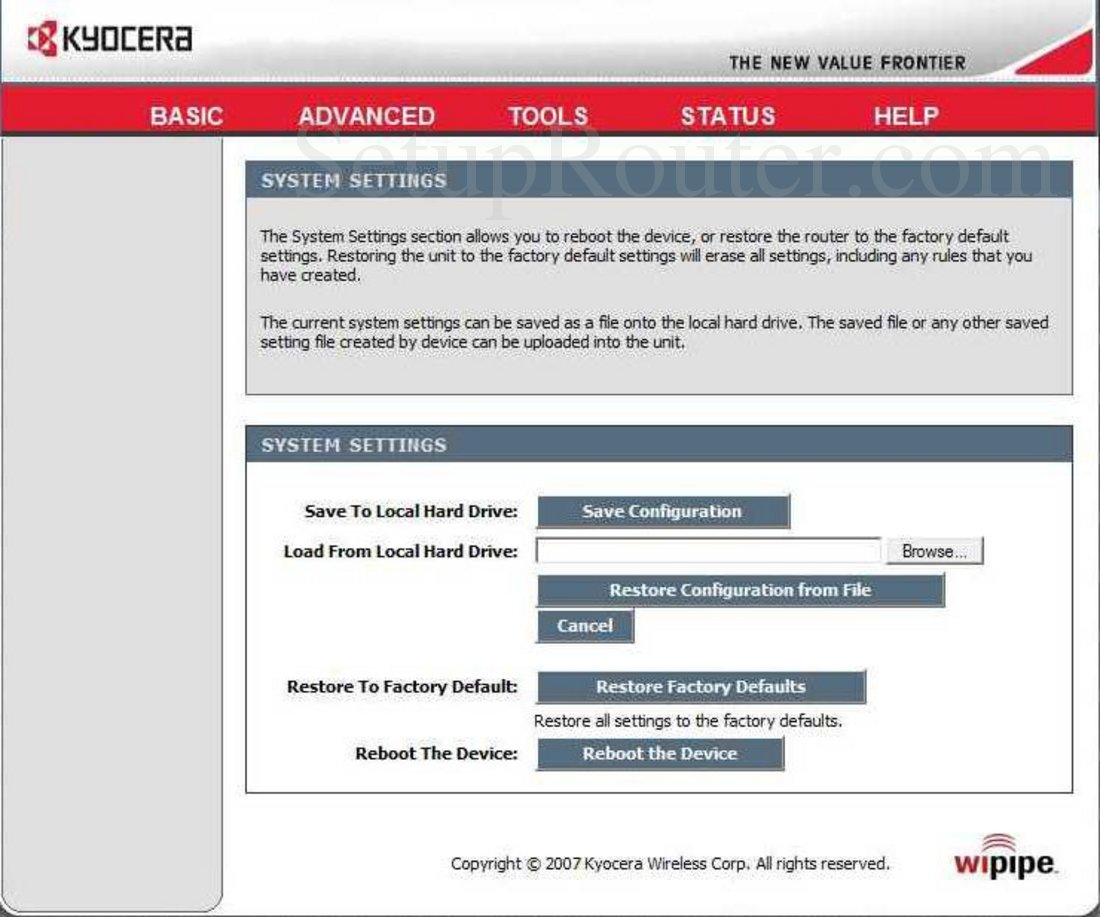 Kyocera KR2 Screenshot System Settings