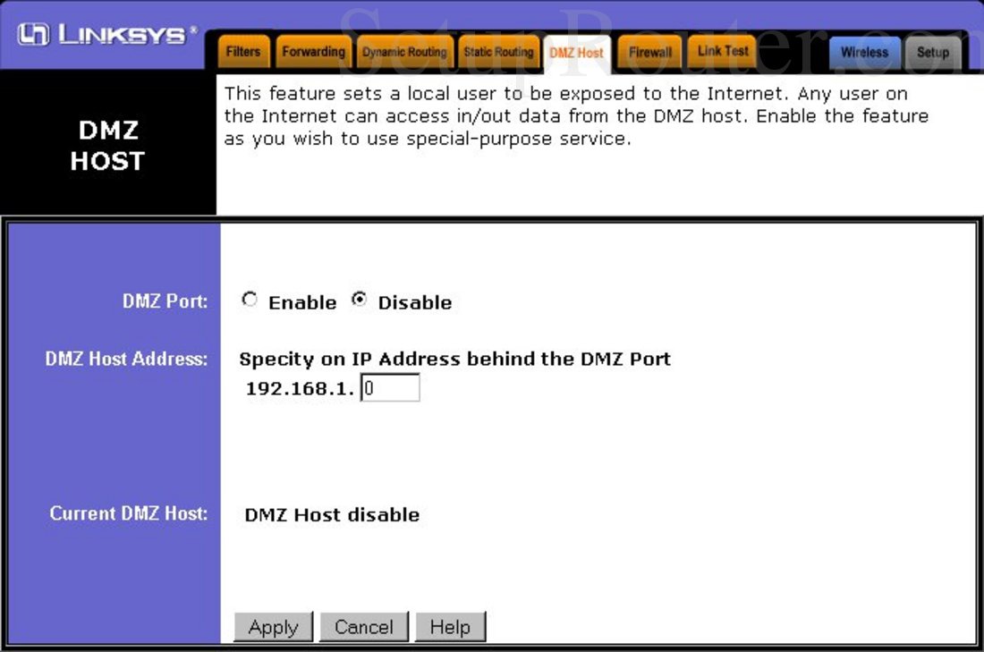 Linksys BEFDSR41W Screenshot DMZ Host