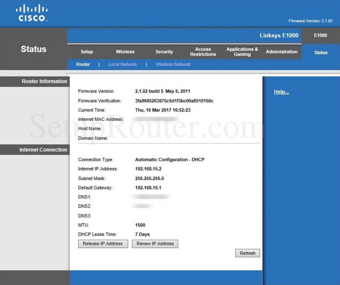Linksys E1000 Screenshot Router Information