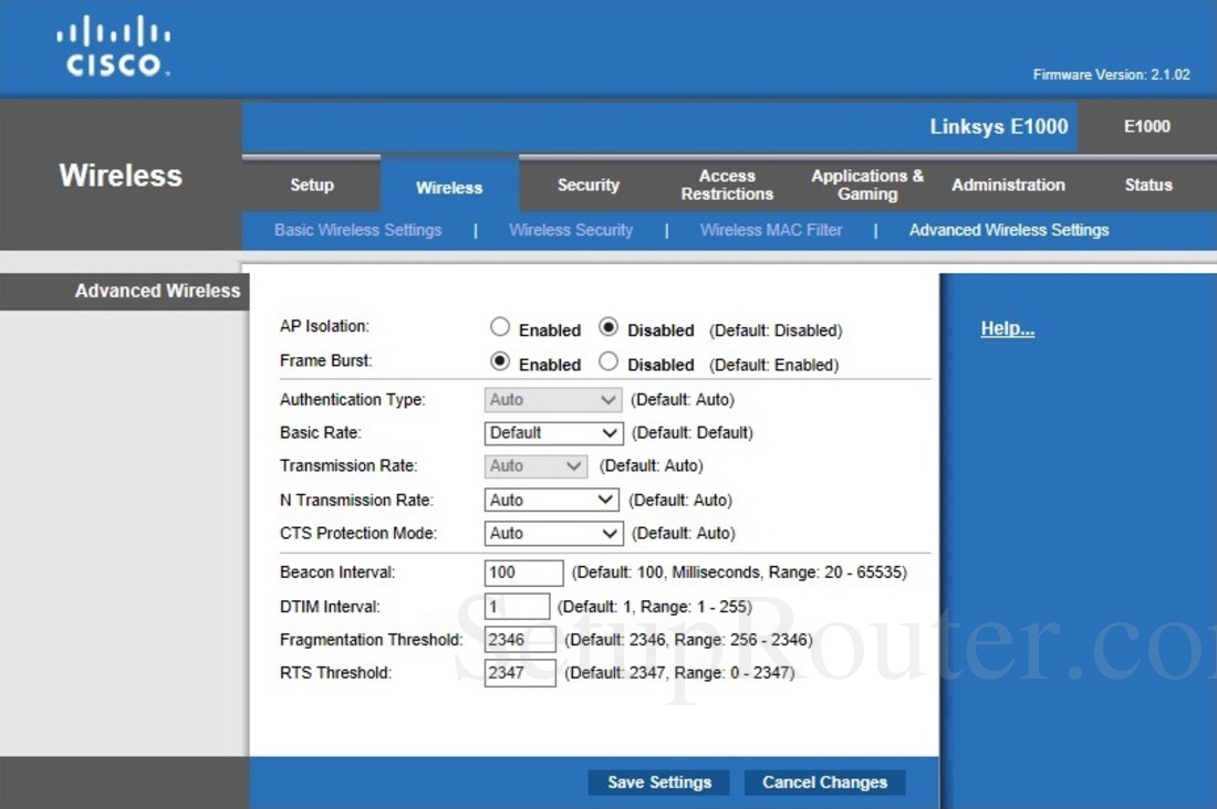 Linksys E1000 Screenshot Advanced Wireless Settings