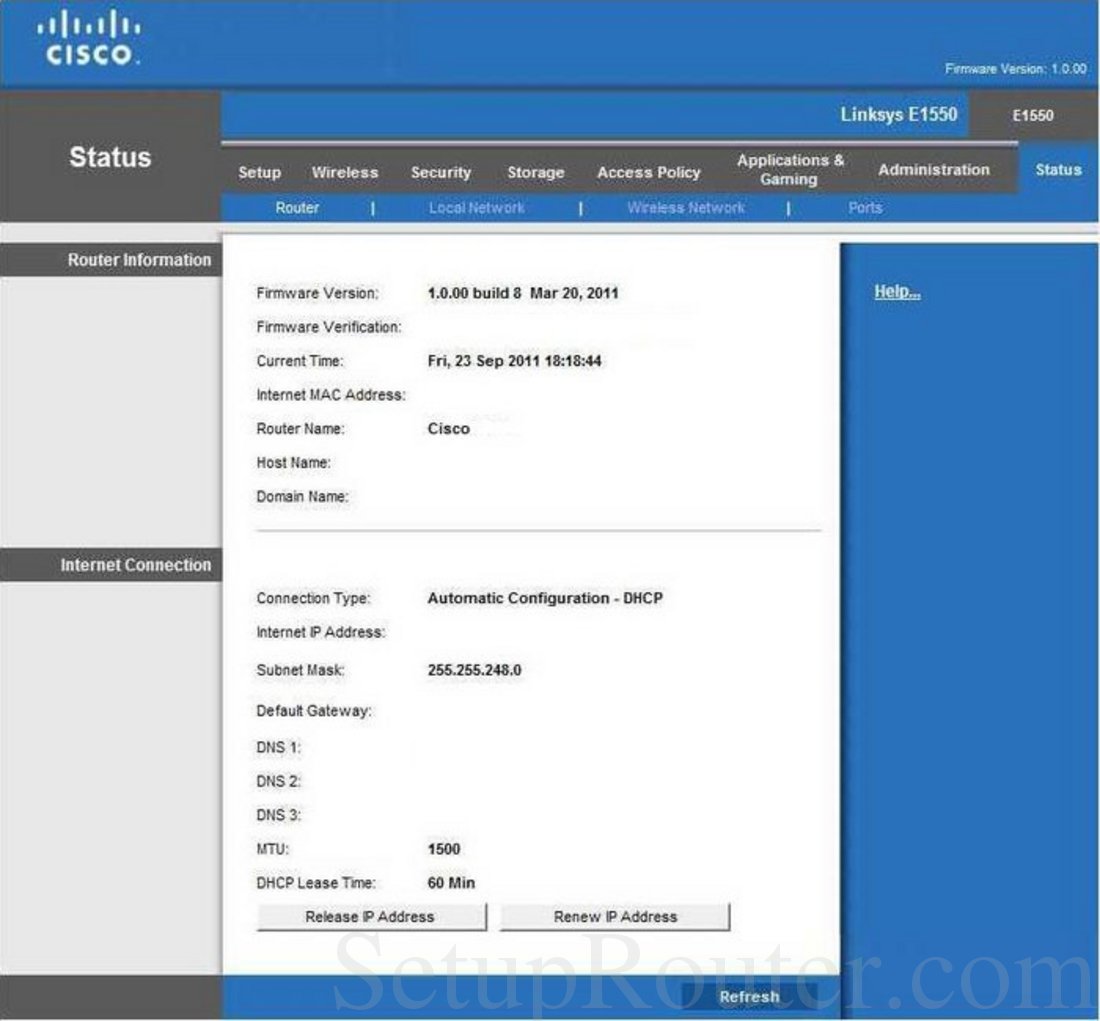 Linksys E1550 Screenshot Router Information