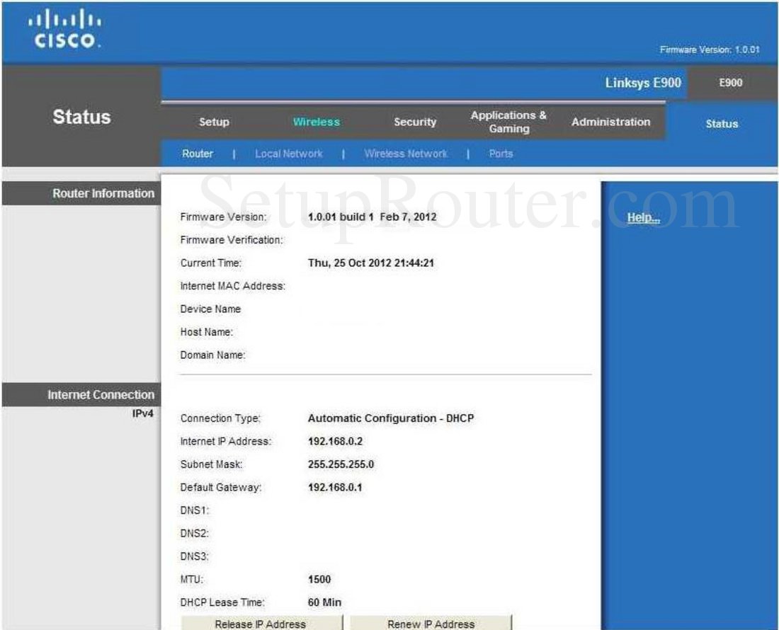 Linksys E900 Screenshot Router Status