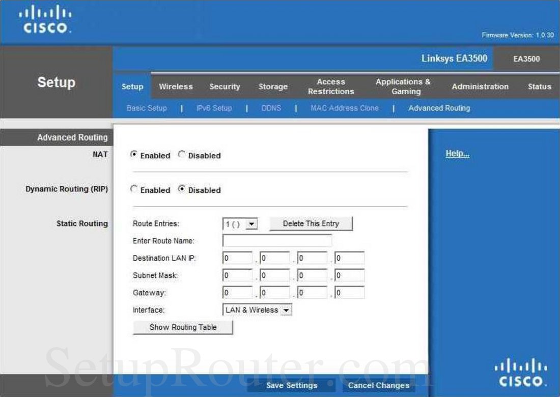 Linksys EA3500 Screenshot Advanced Routing