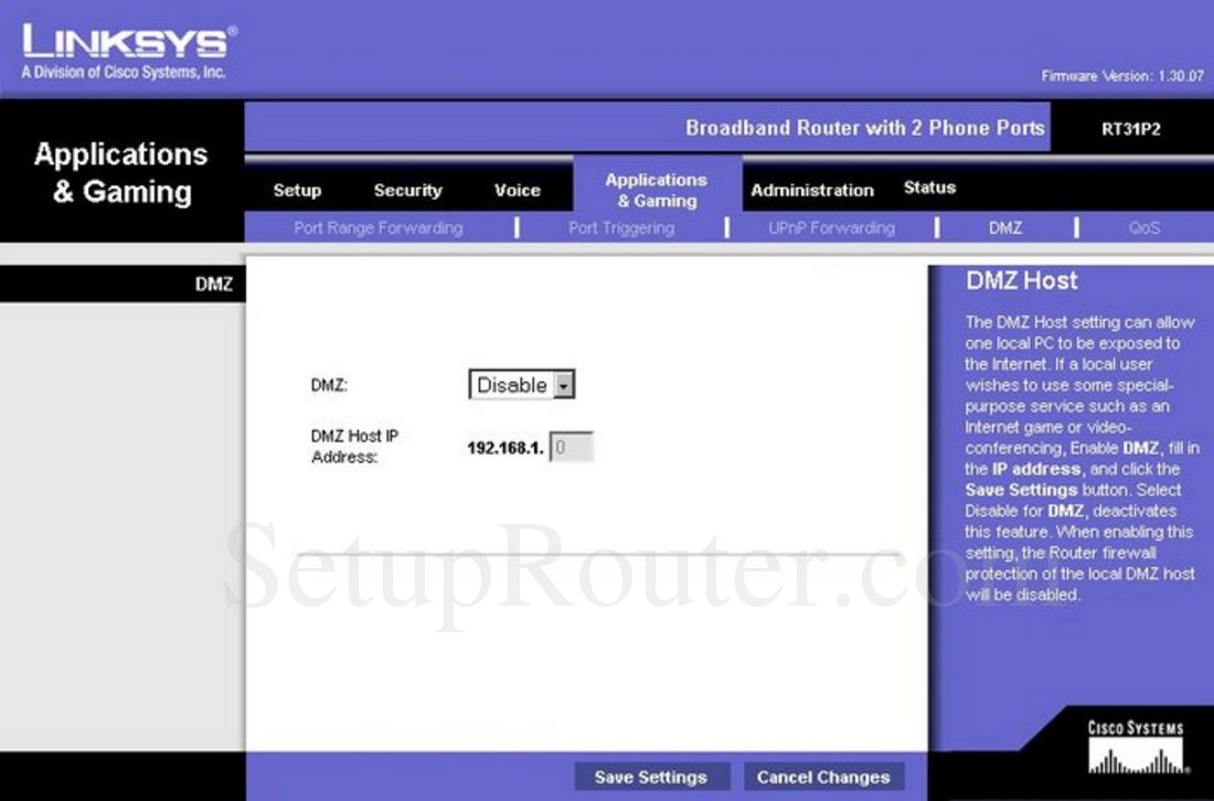 Linksys RT31P2 Screenshot DMZ