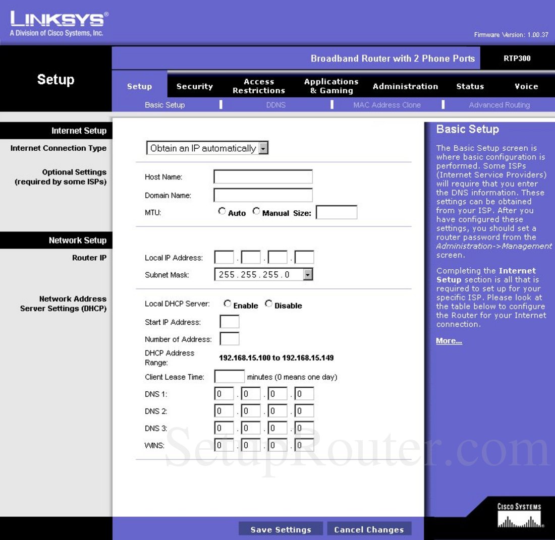 Linksys RTP300 Screenshot Basic Setup