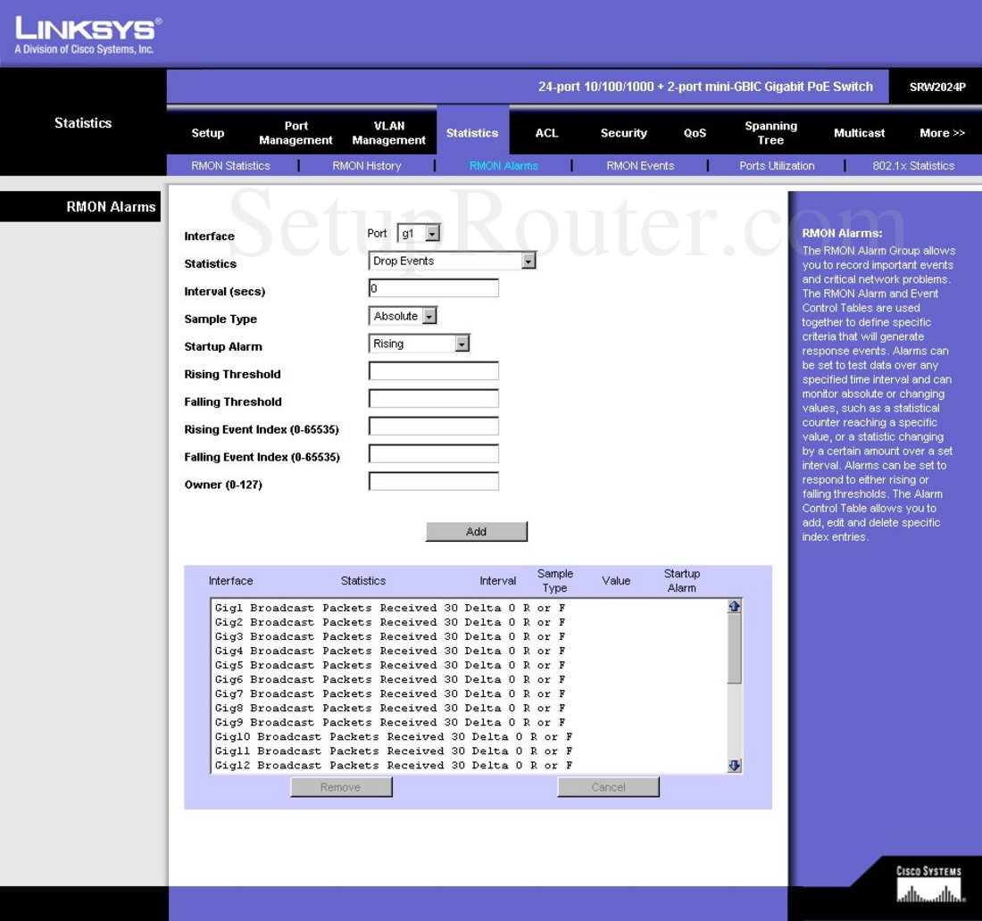 Linksys SRW2024P Screenshot RMON Alarms