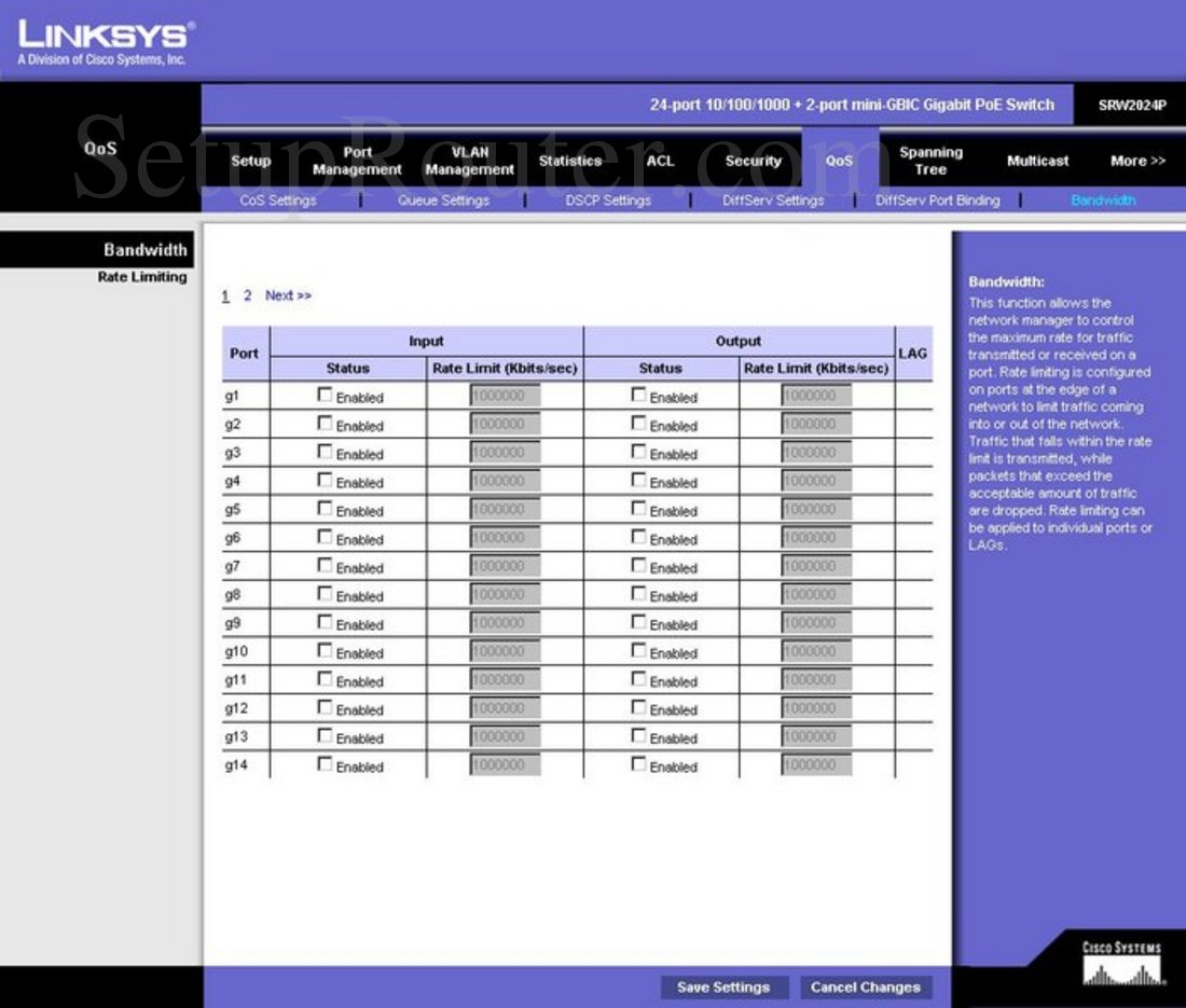 Linksys SRW2024P Screenshot Bandwidth
