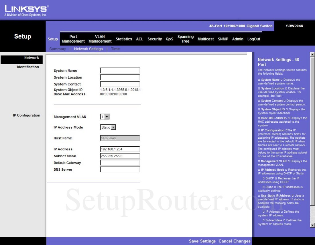 Linksys SRW2048 Screenshot Network Settings
