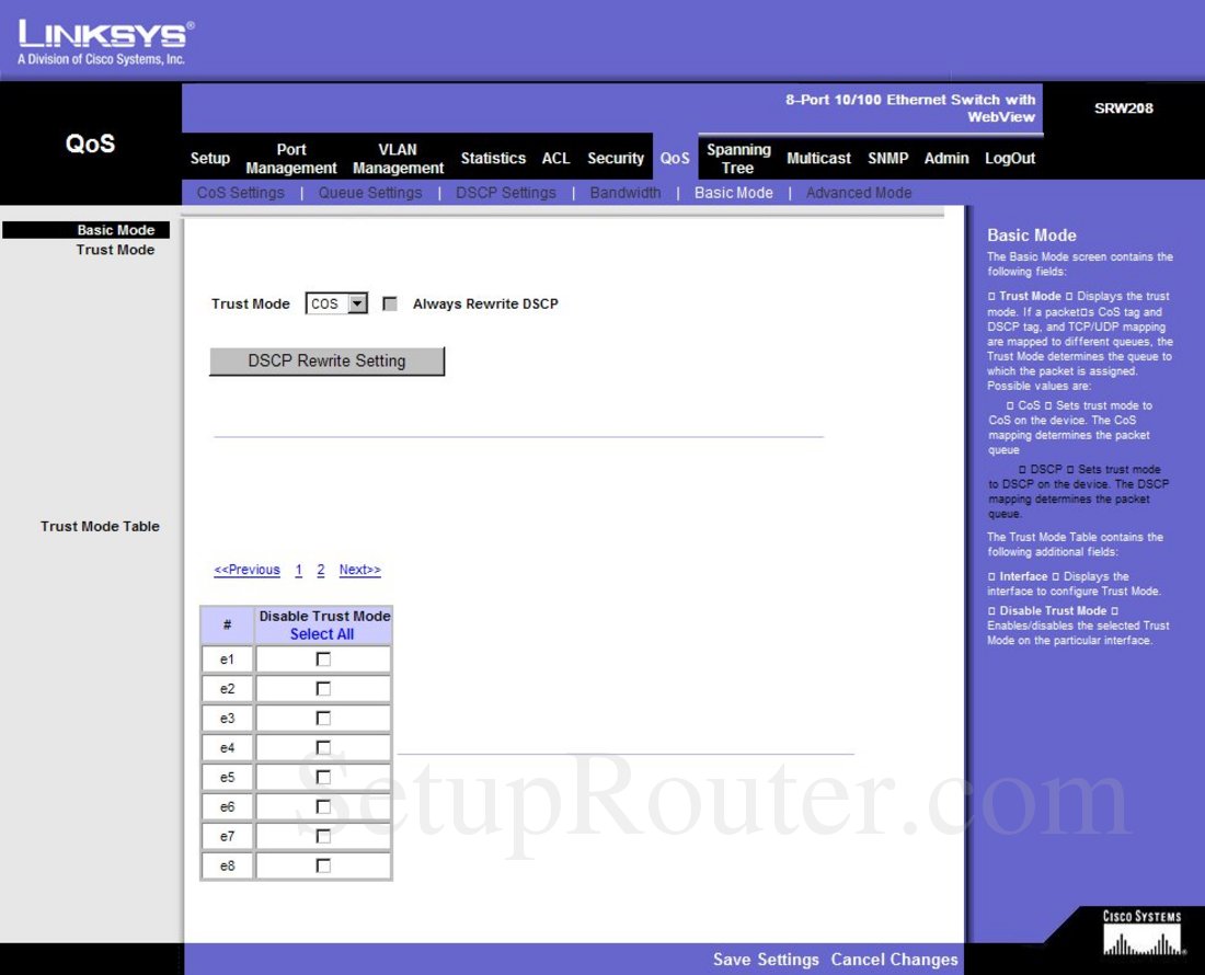 Linksys SRW208 Screenshot Basic Mode