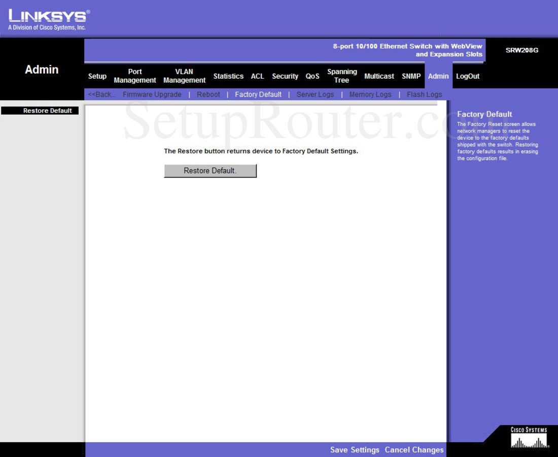 Linksys SRW208G Screenshot Factory Default