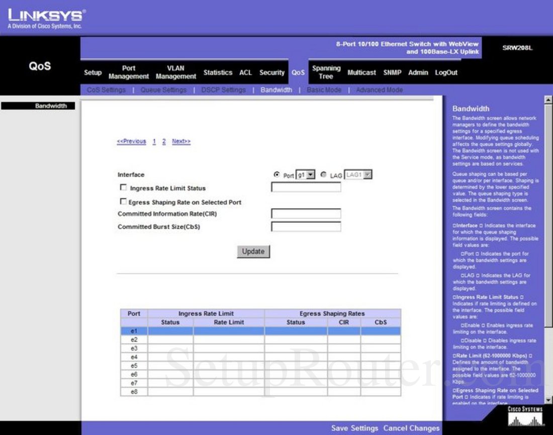 Linksys SRW208L Screenshot Bandwidth