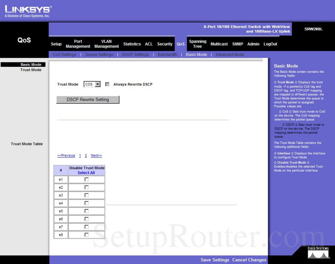 Linksys SRW208L Screenshot Basic Mode