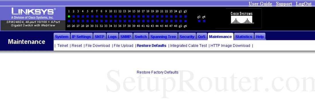 Linksys SRW248G4 Screenshot Maintenance Restore Defaults