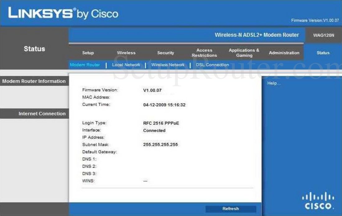 Linksys WAG120N Screenshot Modem Router Information