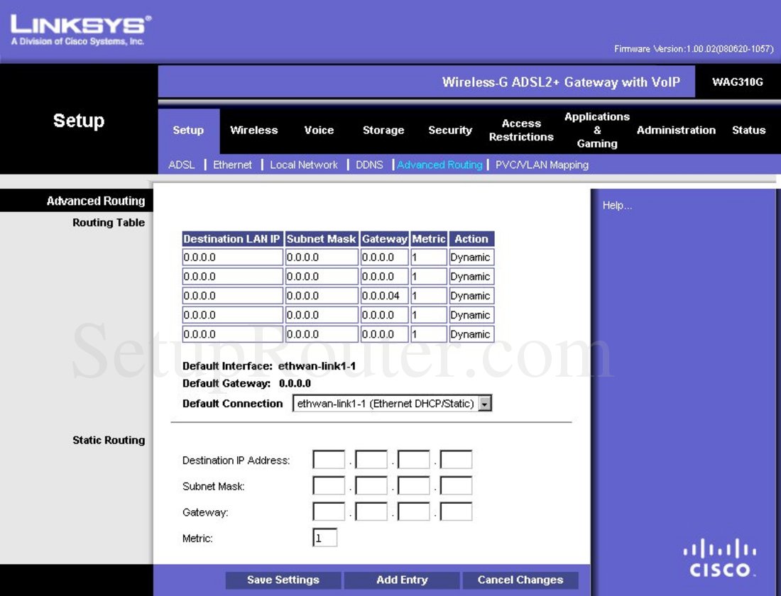 Linksys WAG310G Screenshot Advanced Routing