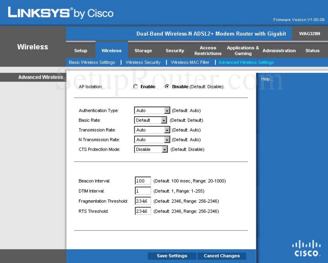 Linksys WAG320N Screenshot Advanced Wireless Settings