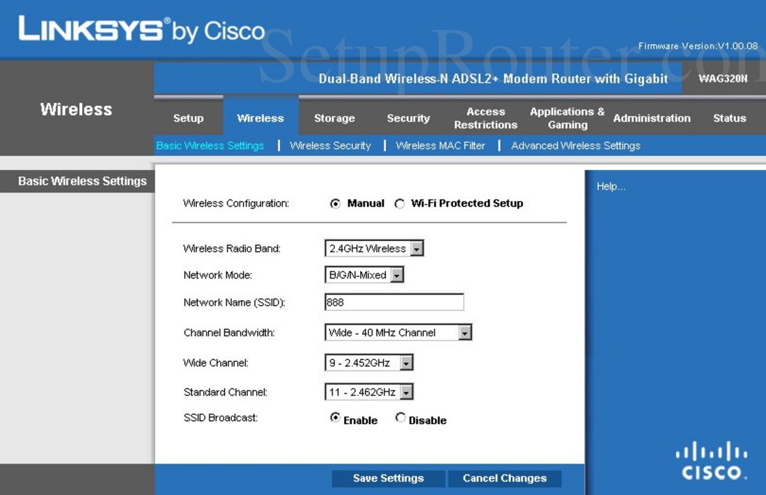 Linksys Wag320n Screenshot Basic Wireless Settings