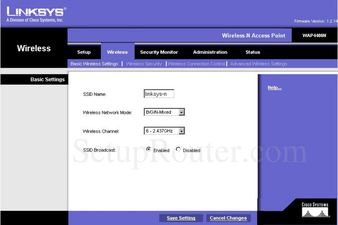 Linksys WAP4400N Screenshot Basic Wireless Settings