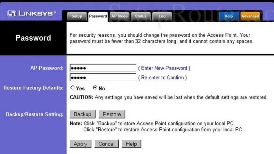 Linksys WAP54Gv1 Screenshot Password