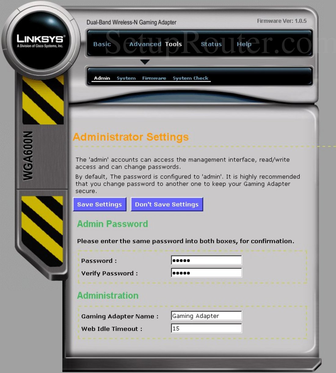 Linksys WGA600N Screenshot Administrator Settings
