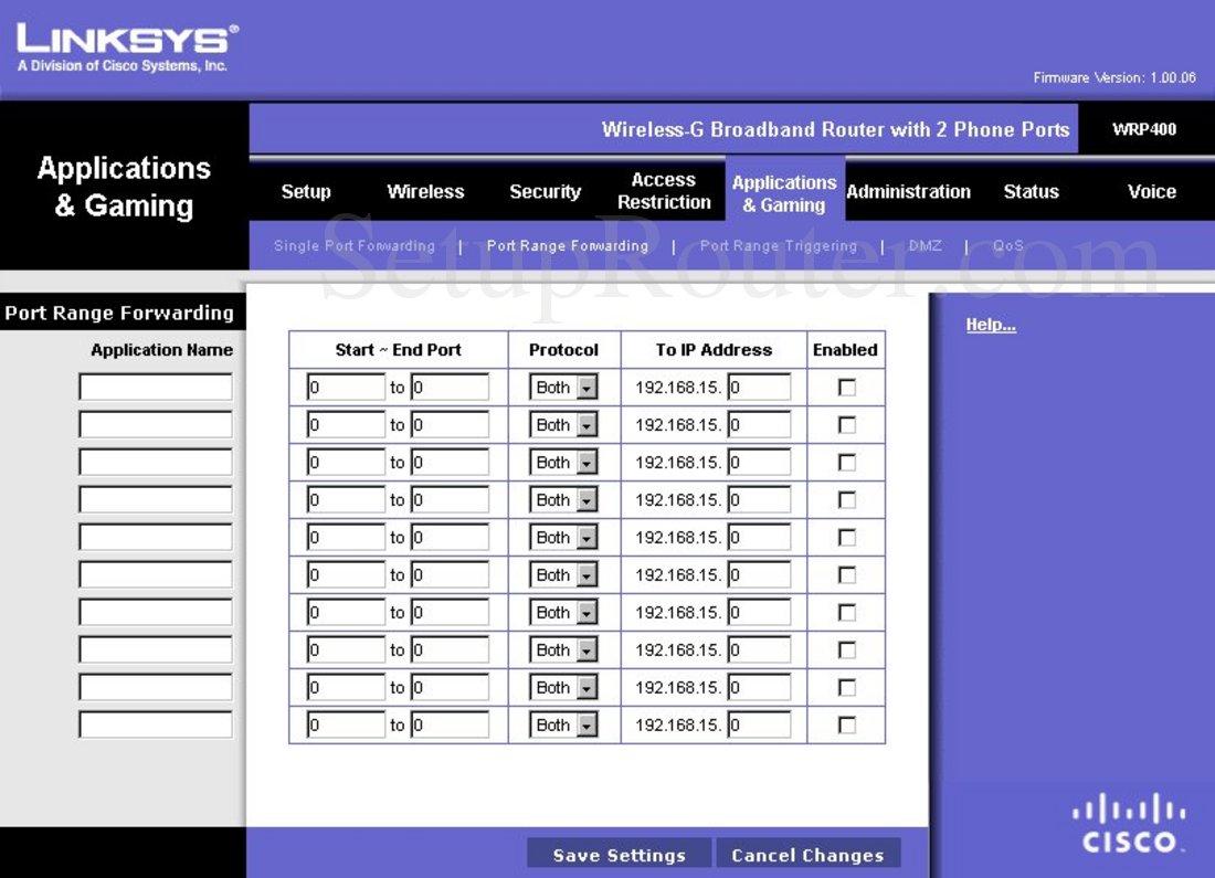 Linksys WRP400 Screenshot Port Range Forwarding