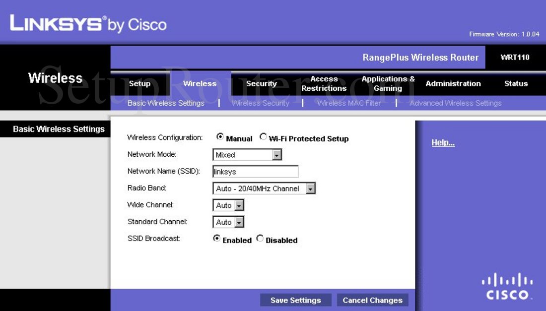 Linksys WRT110 Screenshot Basic Wireless Settings
