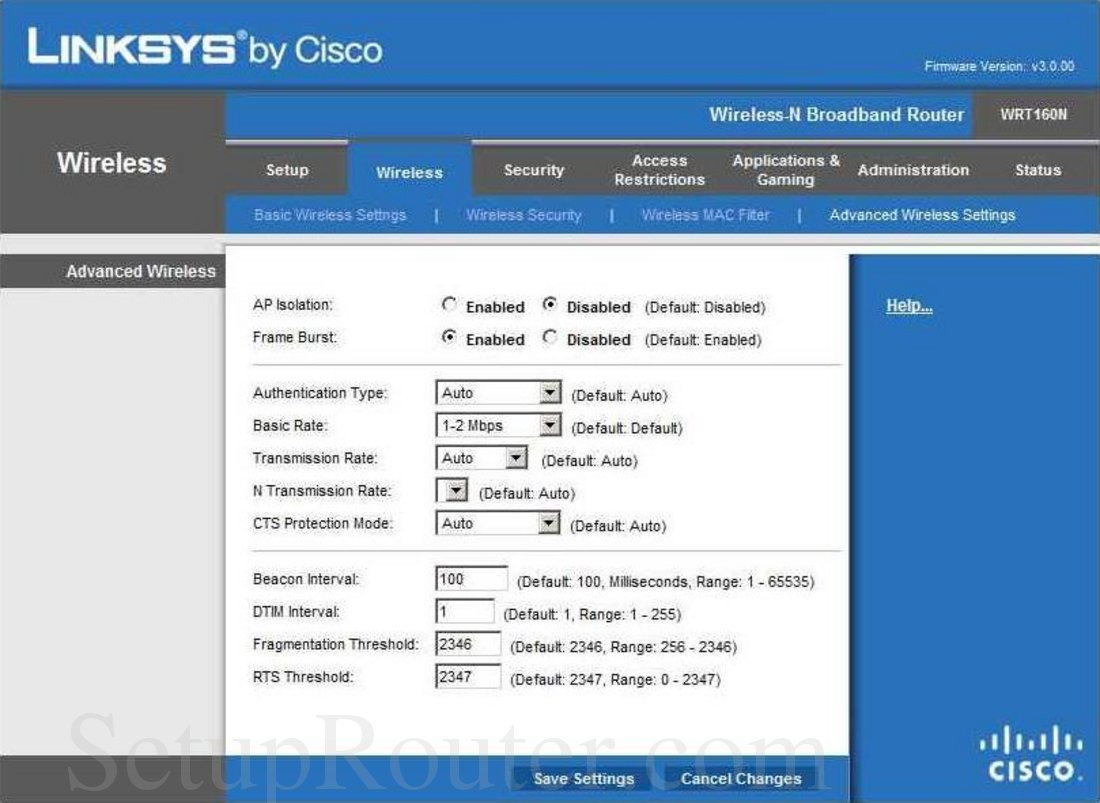 Linksys WRT160N Screenshot Advanced Wireless Settings