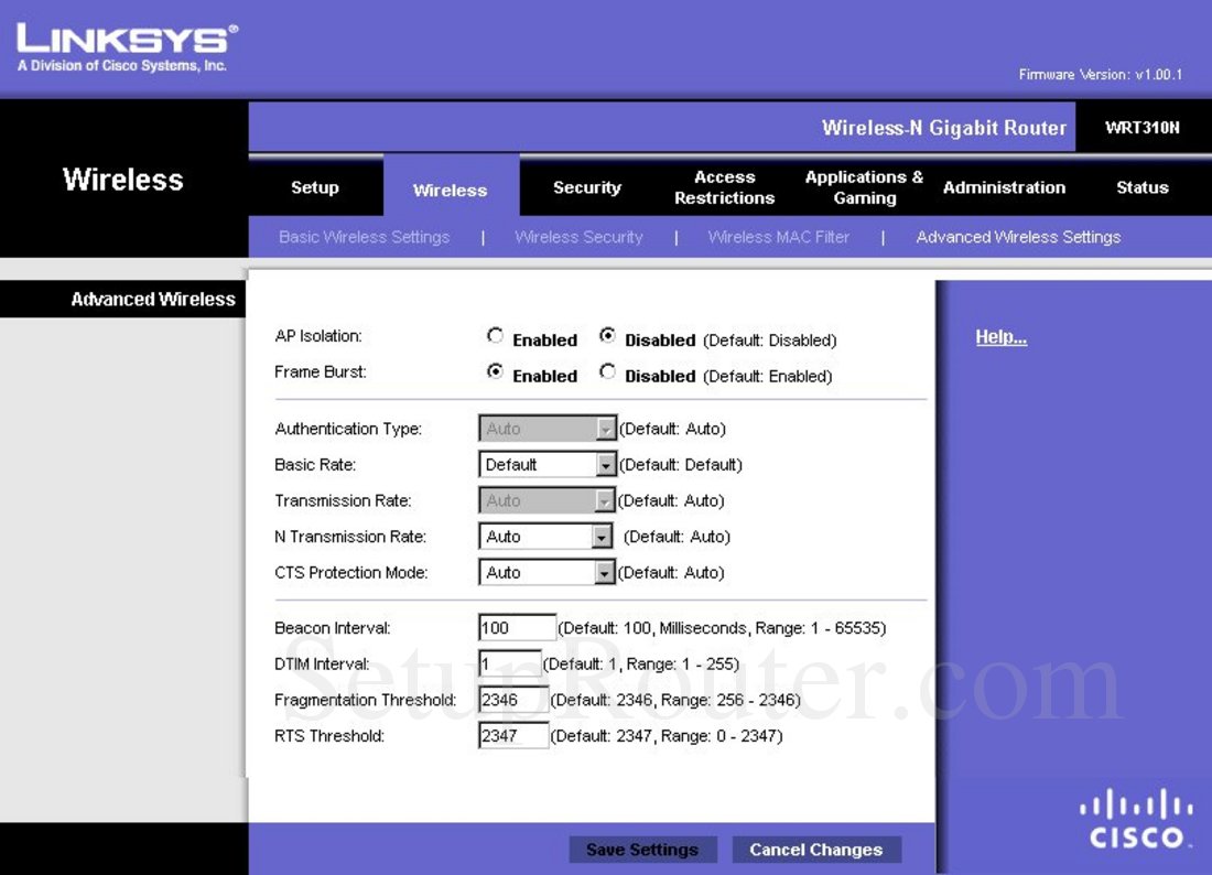 Linksys WRT310N Screenshot Advanced Wireless Settings