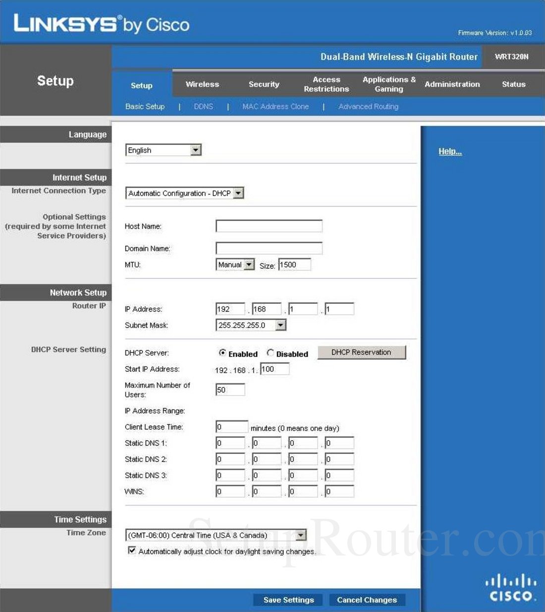 Linksys WRT320N Screenshot Basic Setup