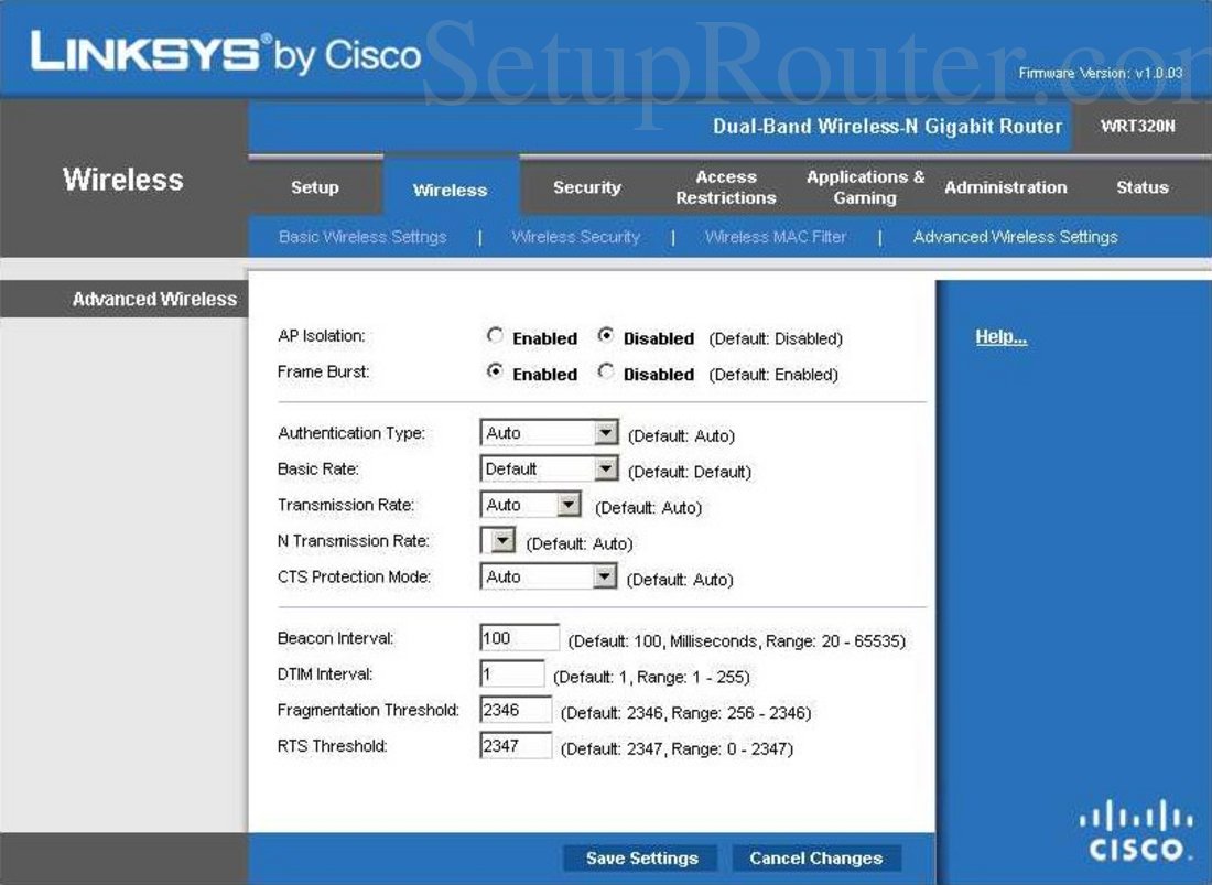 Linksys WRT320N Screenshot Advanced Wireless Settings