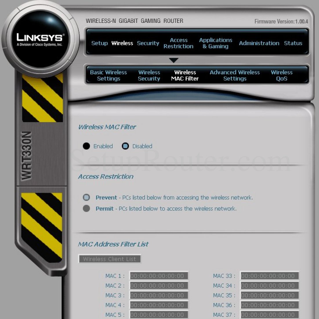 Linksys WRT330N Screenshot Wireless MAC Filter