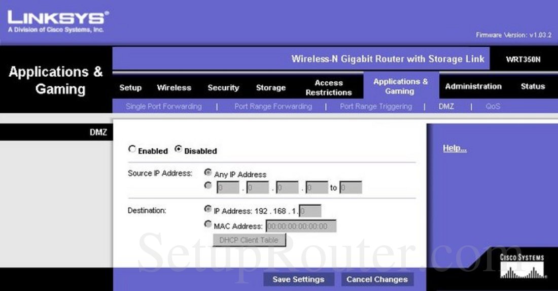 Linksys WRT350N Screenshot DMZ