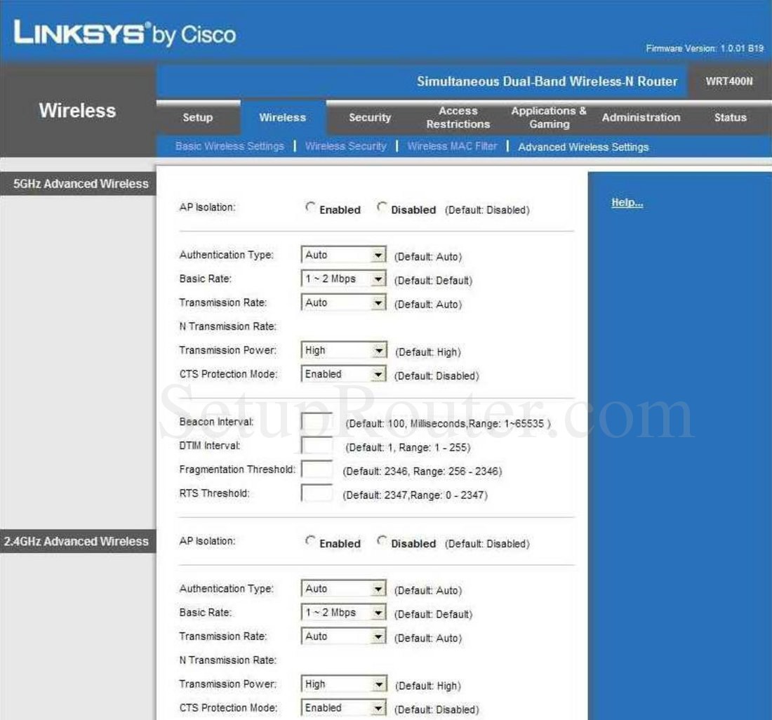 Linksys WRT400N Screenshot Advanced Wireless Settings
