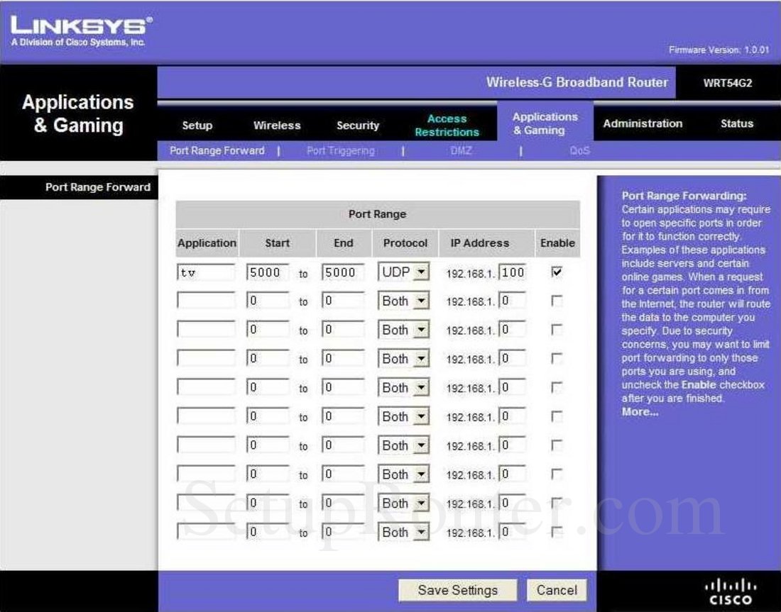 Linksys WRT54G2 Screenshot Port Range Forward
