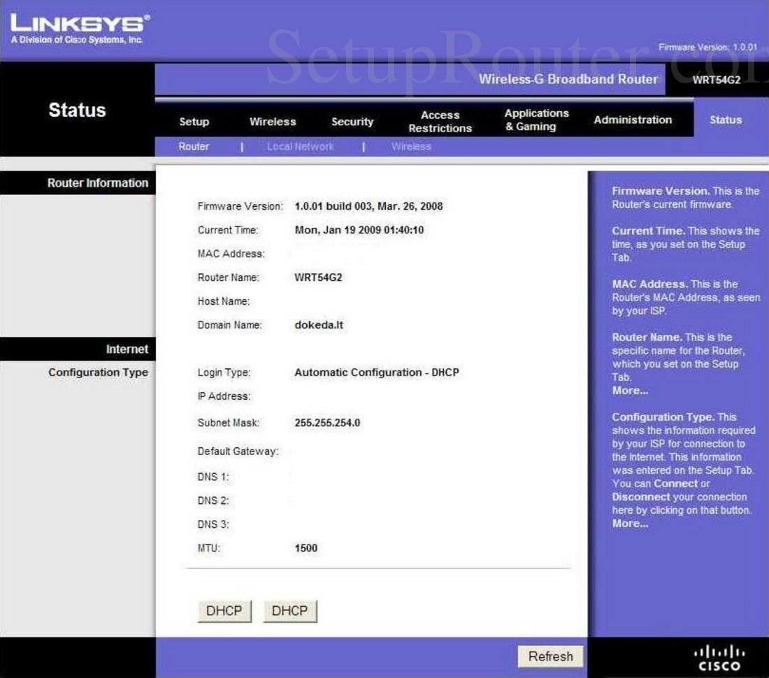Linksys WRT54G2 Screenshot Router Information