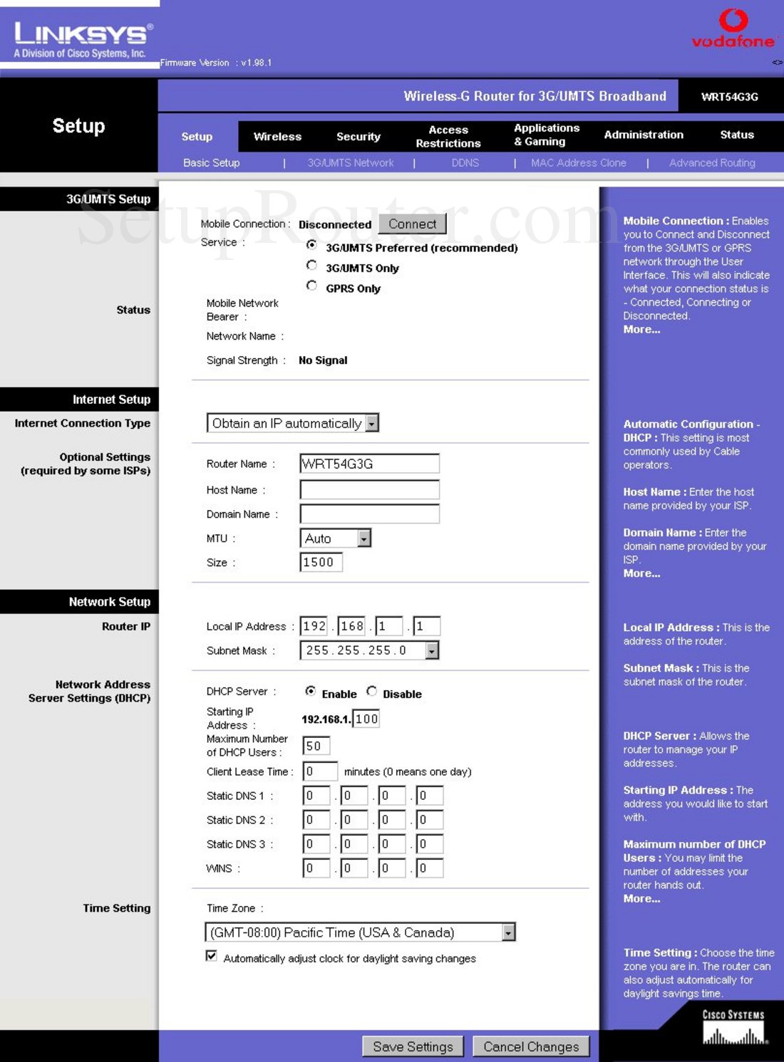 Linksys WRT54G3G Screenshot Basic Setup