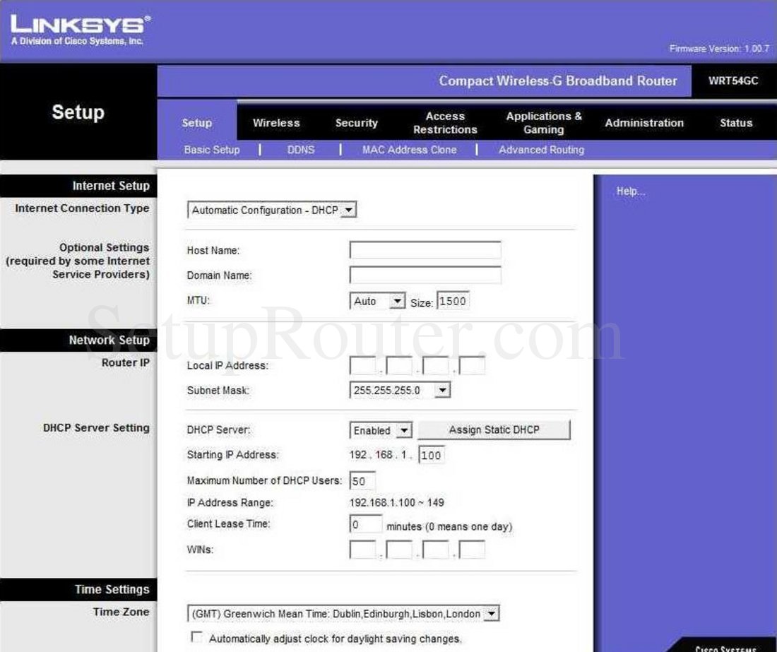 Linksys WRT54GC Screenshot Basic Setup