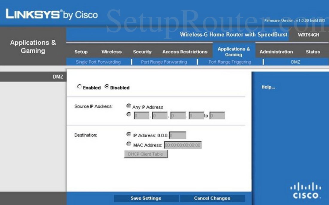 Linksys WRT54GH Screenshot DMZ