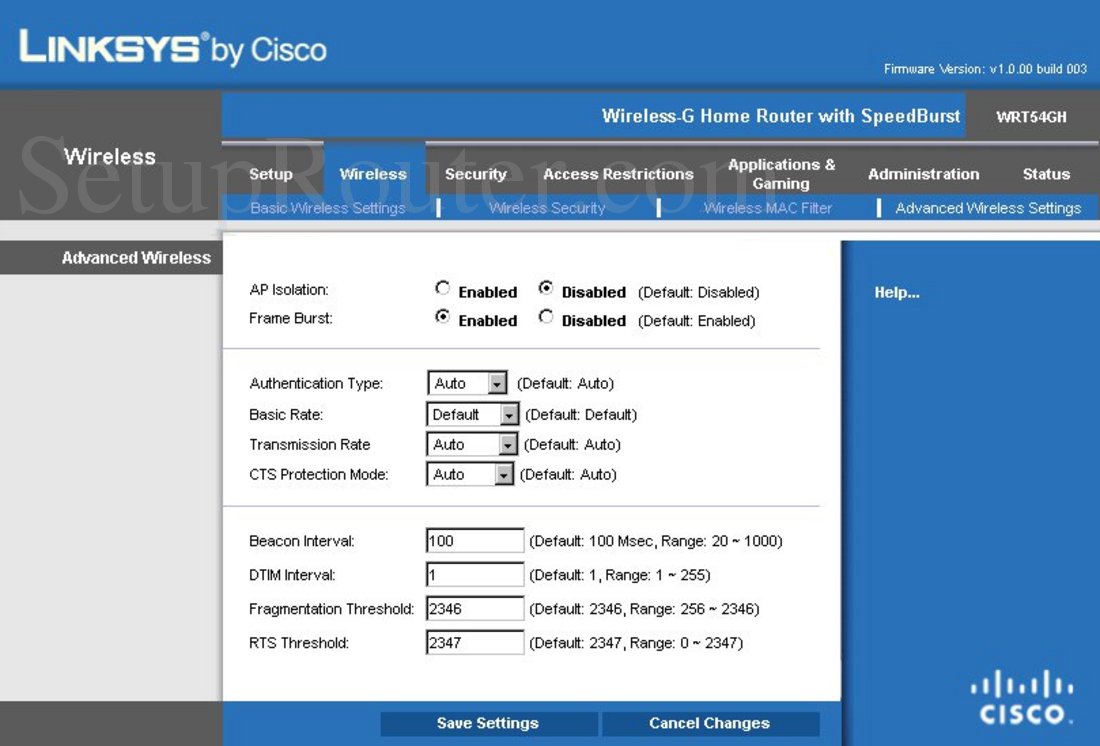 Linksys WRT54GH Screenshot Advanced Wireless Settings