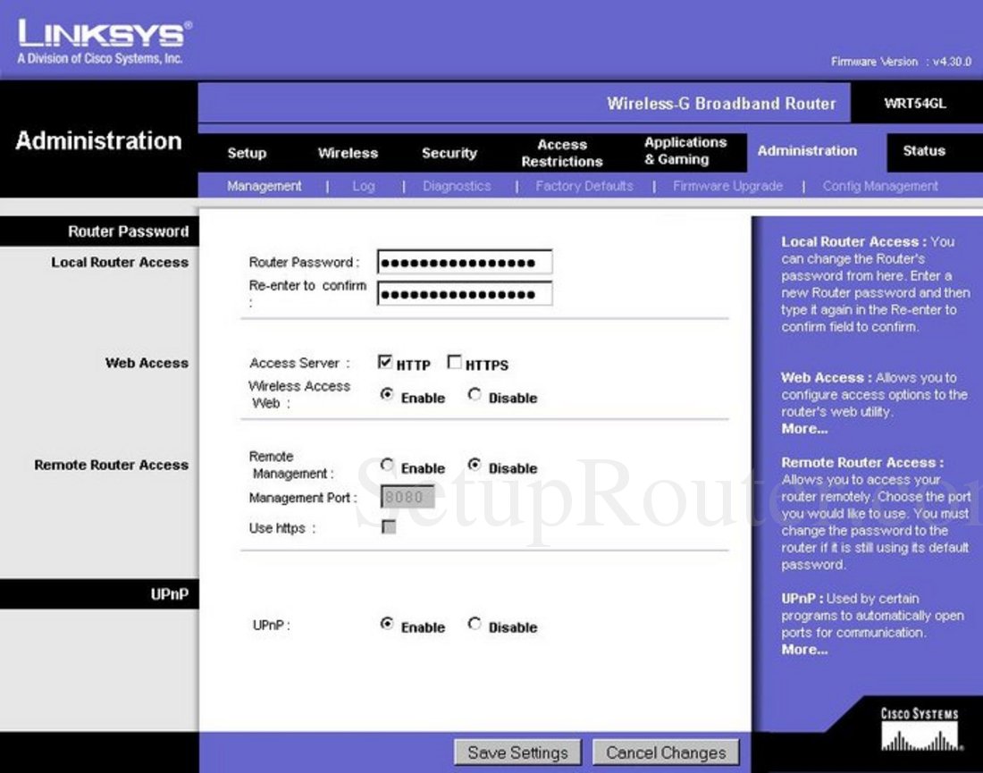 Linksys WRT54GL Screenshot Management