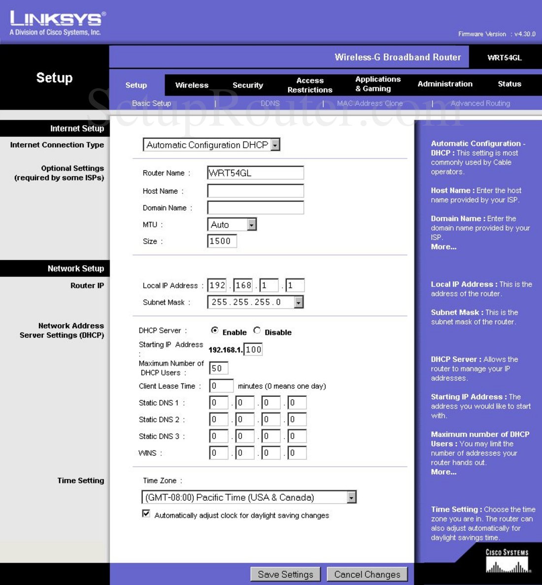 Linksys WRT54GL Screenshot Basic Setup