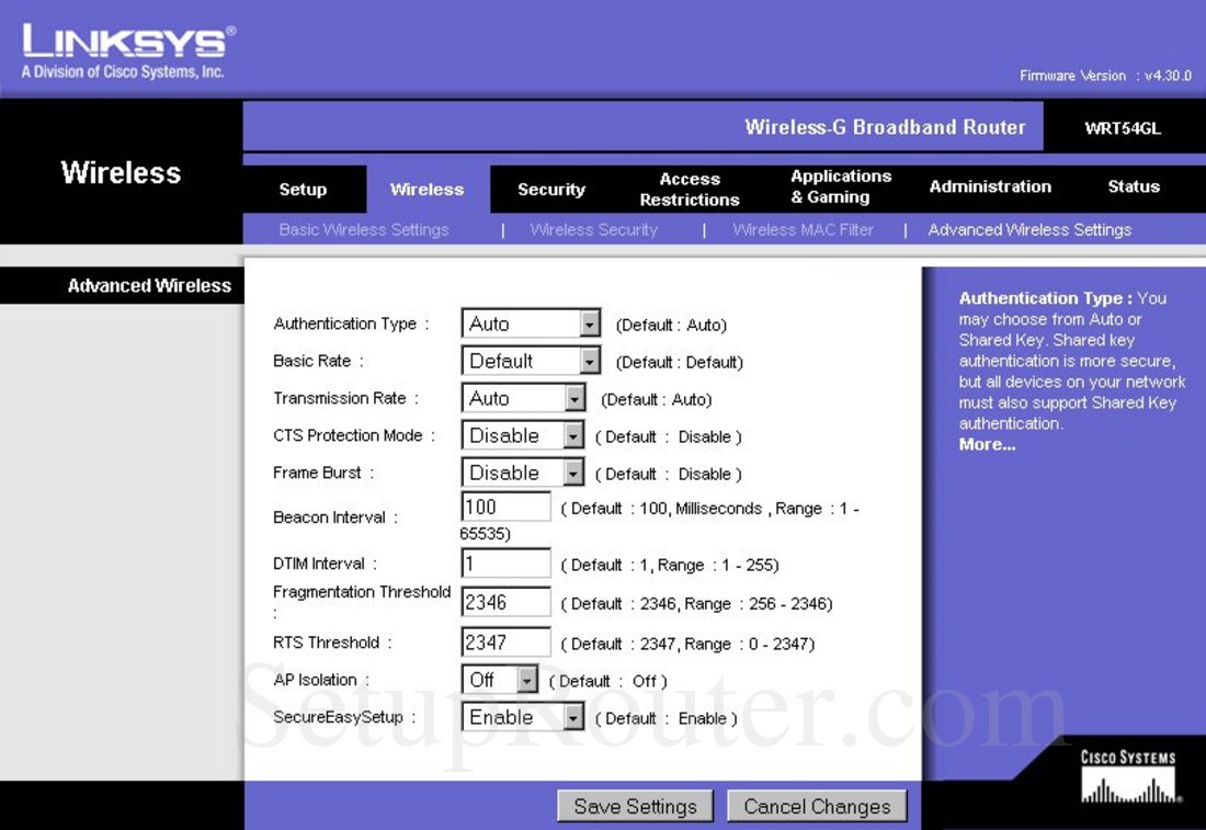 Linksys WRT54GL Screenshot Advanced Wireless Settings