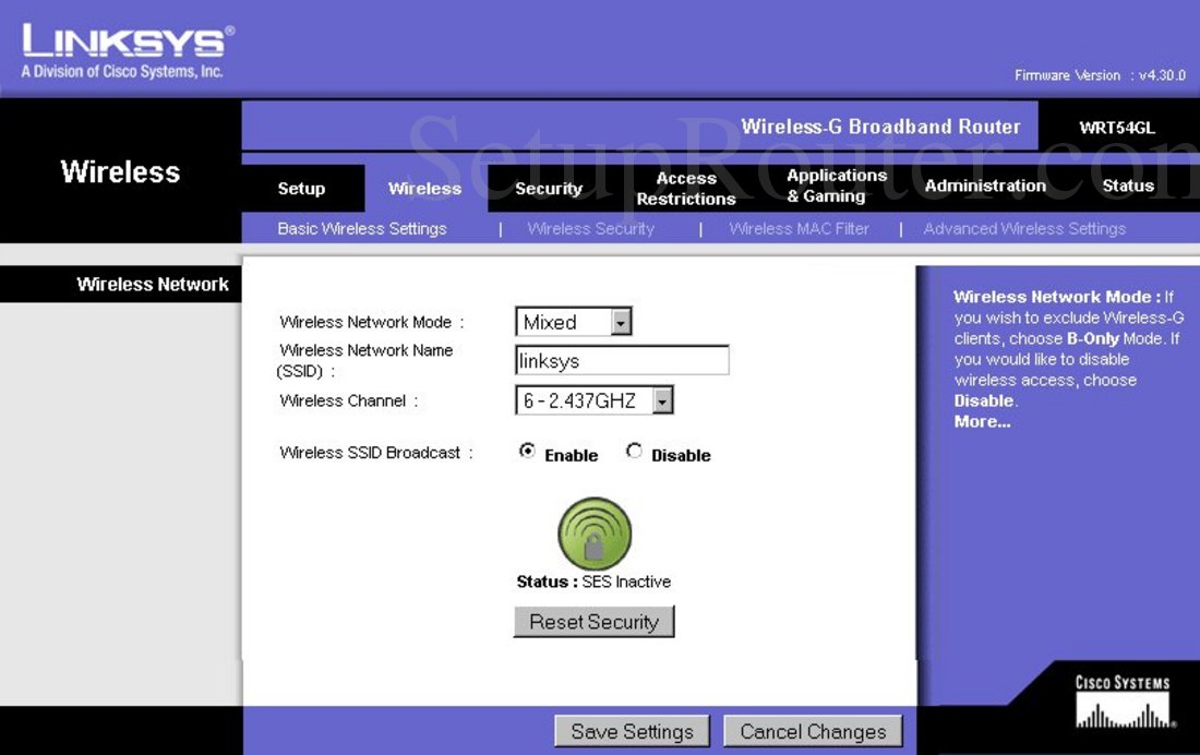 Linksys WRT54GL Screenshot Basic Wireless Settings