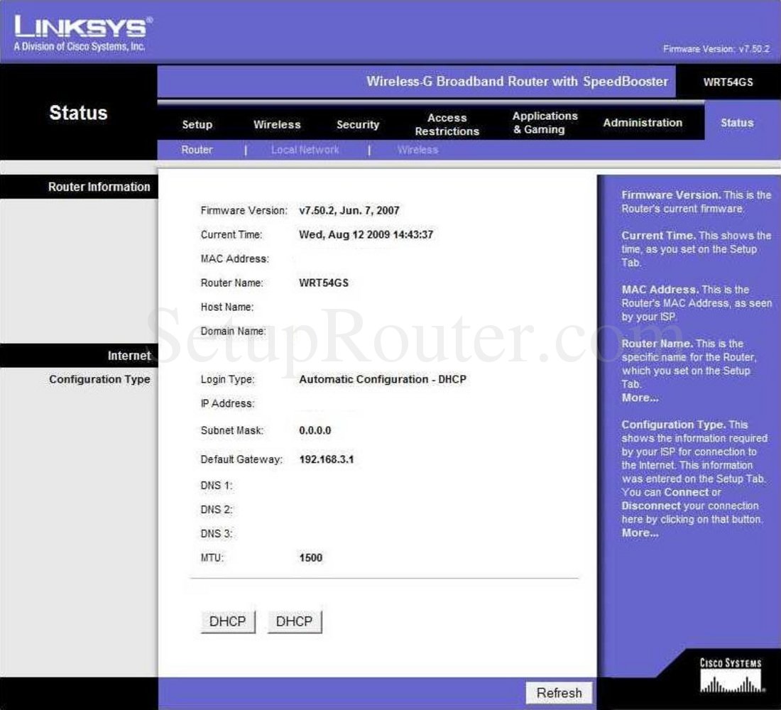 Linksys WRT54GS Screenshot Router Information