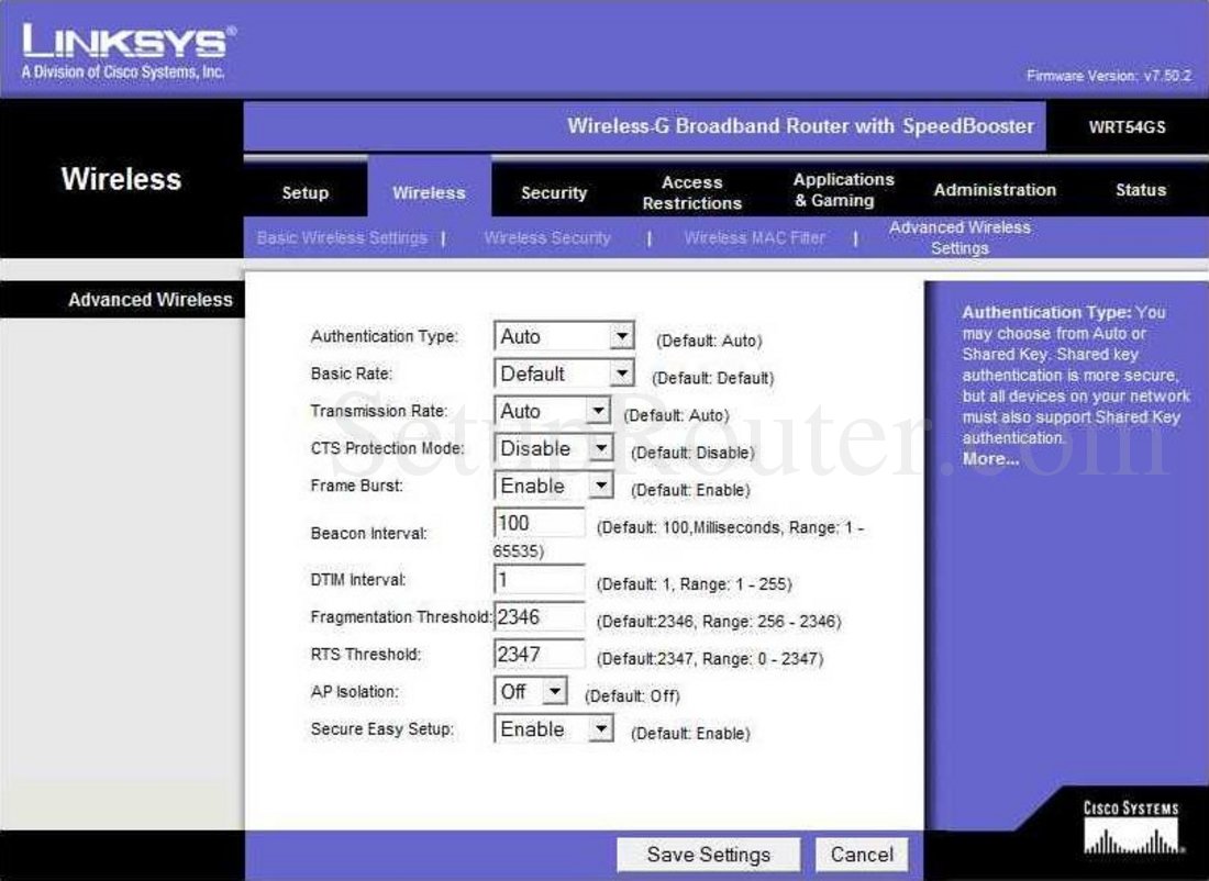 Linksys WRT54GS Screenshot Advanced Wireless Settings